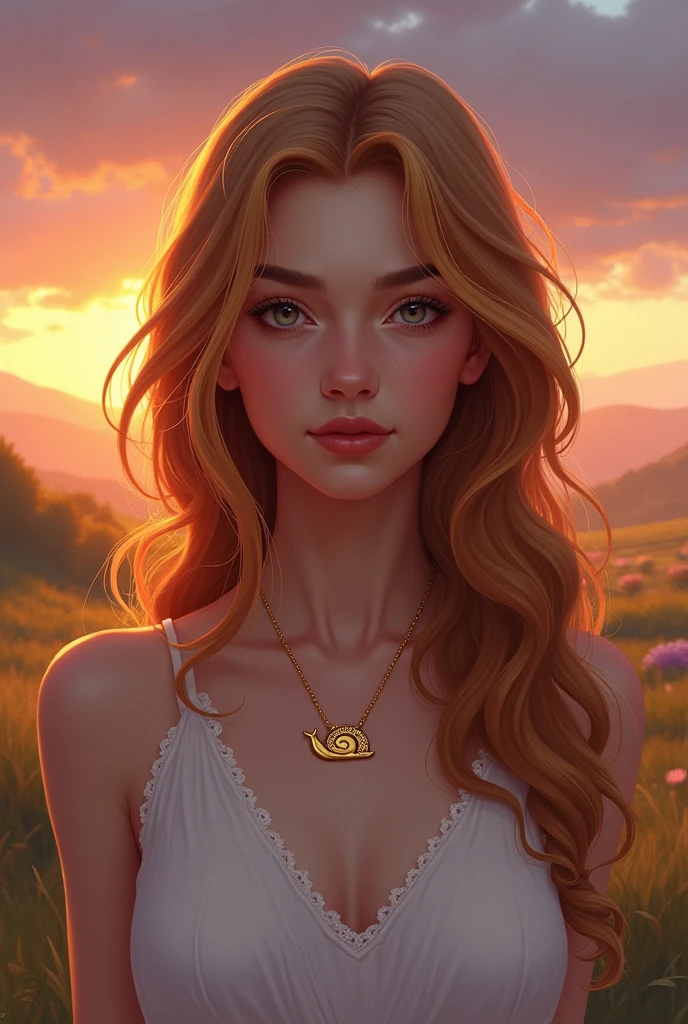 Book cover, My Beloved Leah, girl with wavy copper blonde hair wearing a golden snail necklace in the background a sunset