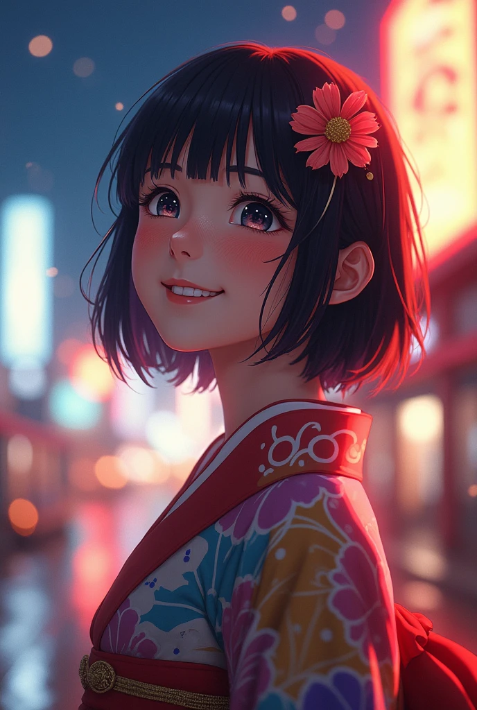 An absurd solution, High resolution, (masterpiece: 1.4), Very detailed, (1 female: 1.3), (alone: 1.4), firework, Short Bob, Short Bob, kimono, Recall, Open your eyes, smile, Light, Makoto Shinkai style, Extreme close up of face, Ultra-fine Illustration, Vibrant colors, cinematic Light, exciting Light production, Attention to detail, Vibrant colors, hairpin, kimono, Large lateral breasts, Recall, Happy, smile, From above,