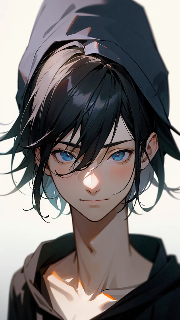 anime of 2 boy with black hair, wearing a black hoodie with white stripes, is staring off into the distance, smile expression, white background [photorealistic portrait, moody lighting], [Gregory Crewdson], [low key lighting, soft focus, a sense of melancholy and introspection]