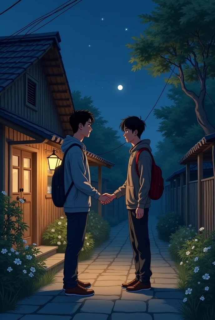 From the top Two young men not wearing bags meet at night shaking hands in front of a village house ,a wooden house with dim lighting, there is a guitar hut near his house and there is a jasmine tree near the house of one of the young men