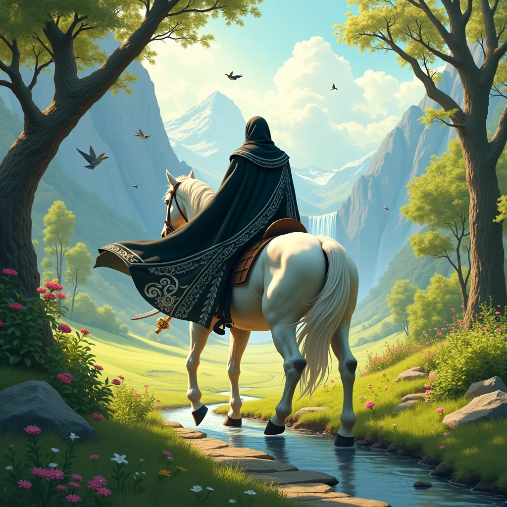 **Central Figure: Cabuliwala on a White Horse**
- **Positioning**: The Cabuliwala, dressed in a black cloak with white accents, is riding a pure white horse. The Cabuliwala should be facing away from the viewer, with the cloak flowing naturally and revealing a white garment underneath. The horse is in motion, with its tail and mane flowing dynamically. The Cabuliwala should either be holding a detailed sword or have it sheathed at his side.
- **Appearance**: The cloak should be detailed with intricate white patterns, and the sword should be prominently visible.

**Background Elements:**
- **Road**: A narrow, uneven path with scattered gravel or stones.
- **Vegetation**: Trees with vibrant green leaves and blooming flowers in red, yellow, purple, and blue.
- **Stream**: A clear stream with visible rocks underwater and gentle ripples.
- **Field**: A vast green field with tall grass and wildflowers.
- **Mountains and Waterfall**: Majestic mountains with a cascading waterfall, featuring dynamic water with a misty base.

**Additional Details:**
- **Birds**: Small, colorful lovebirds flying and perched on branches.
- **Lighting and Atmosphere**: Soft, golden light creating a magical, serene atmosphere with shadows enhancing depth.
- **Color Palette**: Harmonious colors with high contrast between the Cabuliwala's black and white cloak and the vibrant background.

---

You can use this description on image generation platforms or describe 