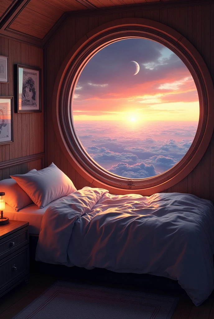 Cosmos, Cabin, made bed, large porthole, there is a view of the Earth through the porthole, sunset