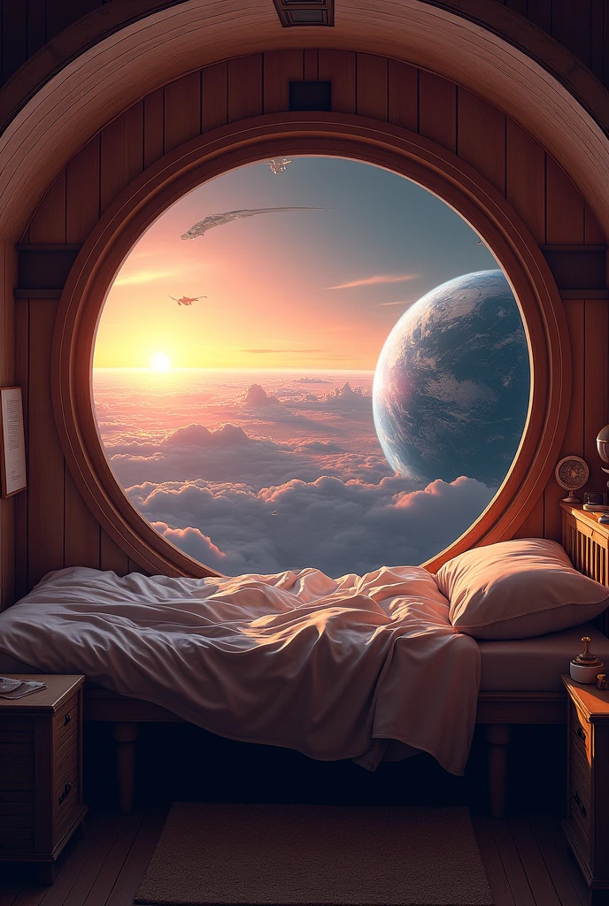 Cosmos, Cabin, made bed, large porthole, there is a view of the Earth through the porthole, sunset