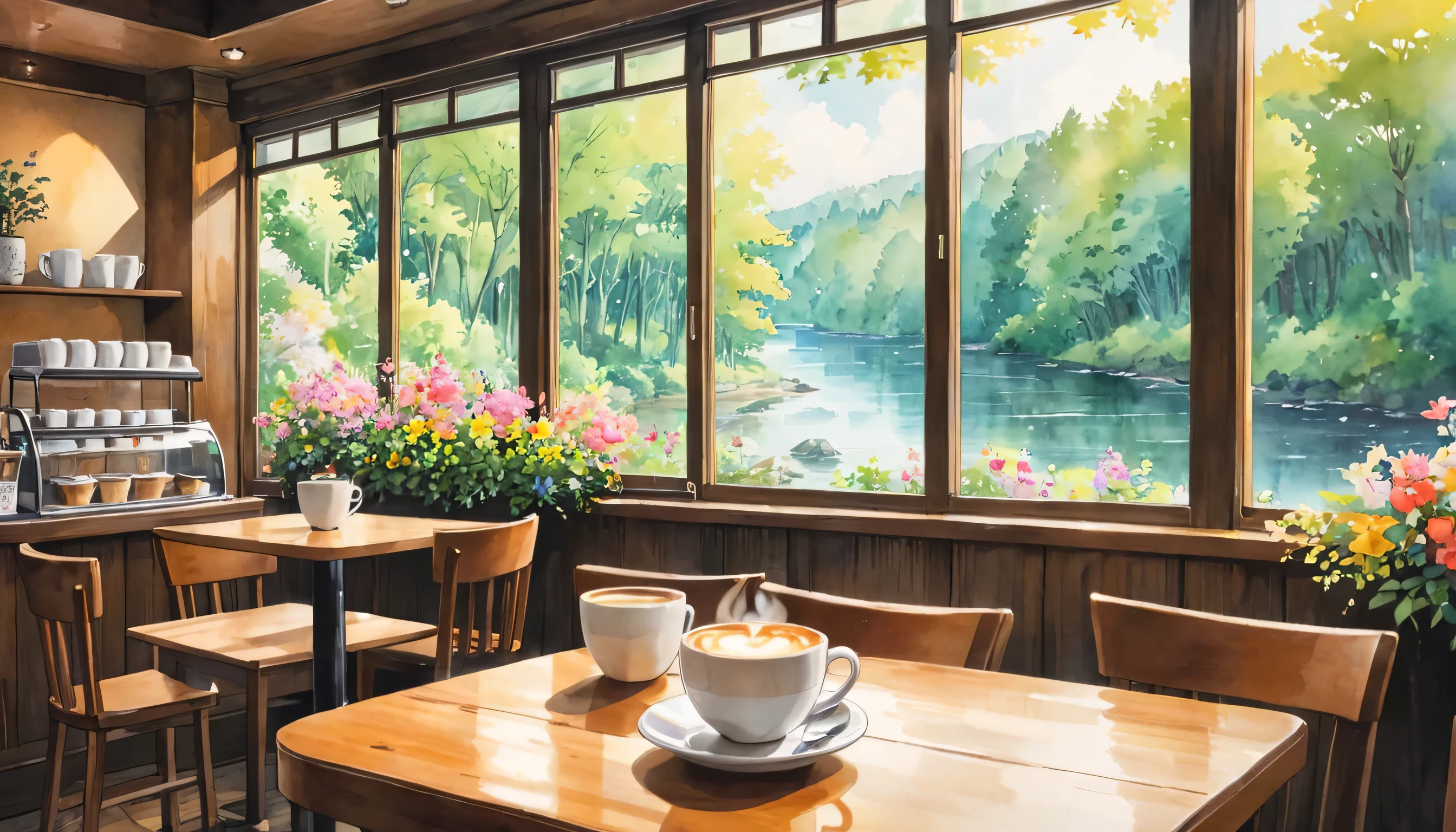 In a coffee shop, outside you can see the forest, the river, the watercolor painting, Ghibli, zoom in on the coffee cup, no people, there are flowers in the shop.