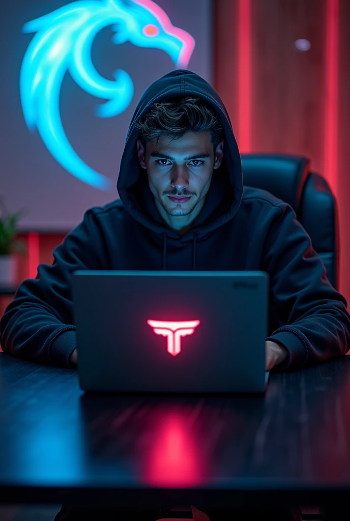 A 8K detailed portrait ultra HD qulaity very cute and handsome hacker wearing a hoodie sat on a black and shinning chair. He had a laptop on a black table Infront of him with "TAURUS SIGN" LOGO design with ice and vibrant colors. At his background are "DX AHMED" design on the wall with vibrant and beautiful colors