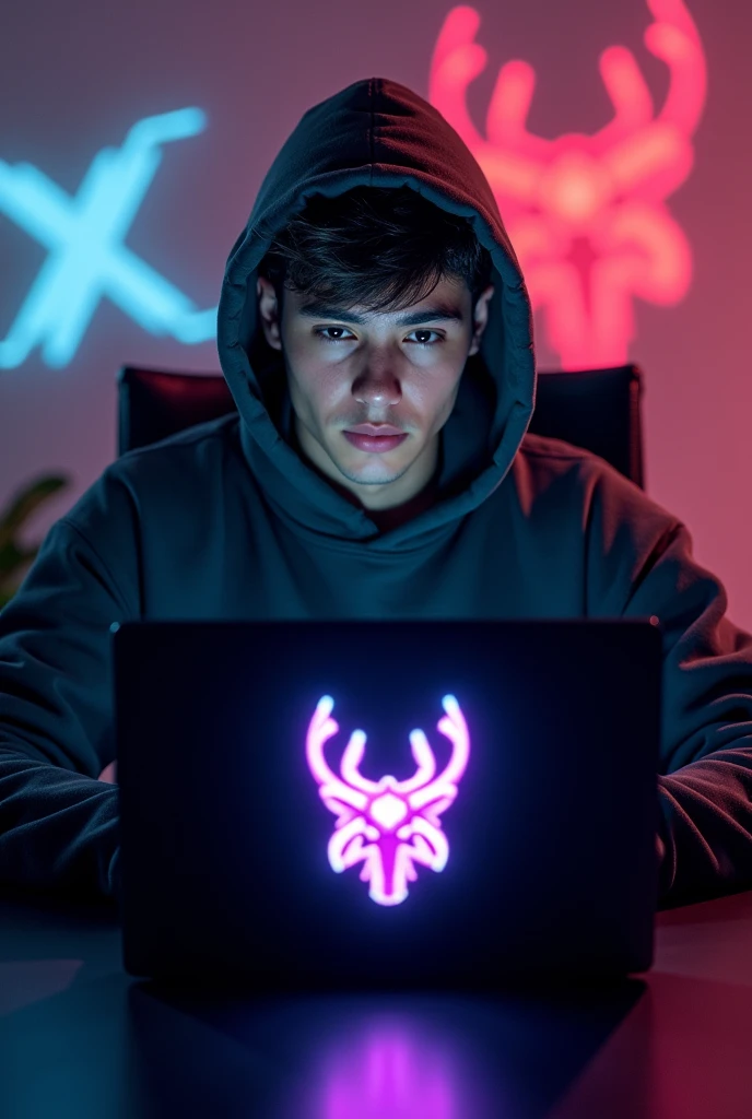 A 8K detailed portrait ultra HD qulaity very cute and handsome hacker wearing a hoodie sat on a black and shinning chair. He had a laptop on a black table Infront of him with "TAURUS SIGN" LOGO design with ice and vibrant colors. At his background are "DX AHMED" design on the wall with vibrant and beautiful colors