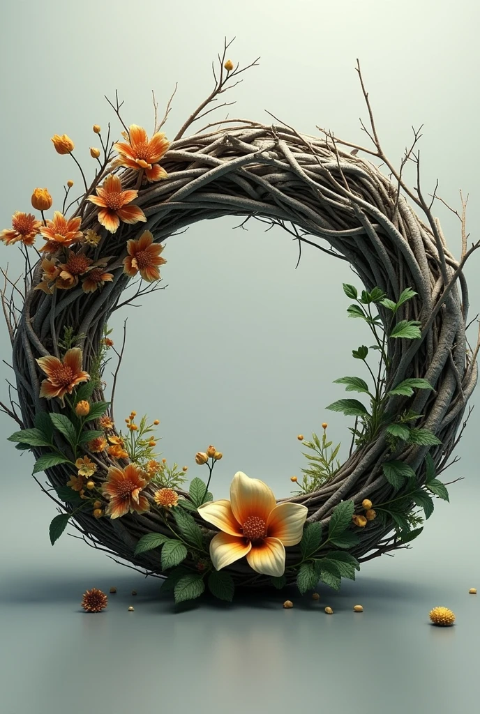 Ring composition,{The focus of the composition is on the outside of the ring:1.4},{There is a large blank space in the middle of the ring:1.4}，A small flower，Branches，Dead Branches，Wreath of bones。，The wreath reflects the four solar terms of spring, summer, autumn and winter。The ring reflects the cycle of seasons，As they change and wither，Decay&newborn。