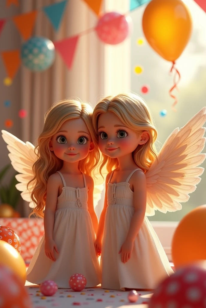 Identical twins one with wings dark blonde hair with highlights 30 birthday party decorations in background 3D Pixar Style