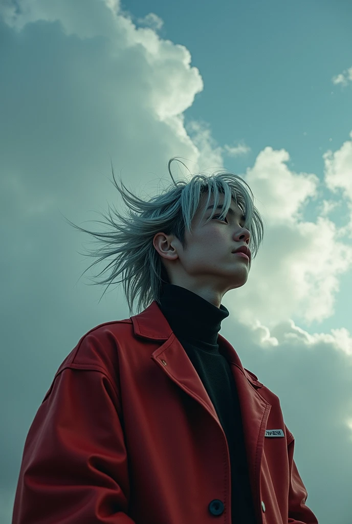 Boy with depression（Gray Hair、Odd Eye）、Japanese、Beautiful Boy、Long Hair（Bangs swaying in the wind）、Red high fashion brand jacket set、whole body写真、Contrail、Look up at the sky、cloudy、Highest quality、masterpiece、Studio Lighting（Multiple lights、Color Filter、Beautiful light）、whole body、Contemporary dance-like movements、