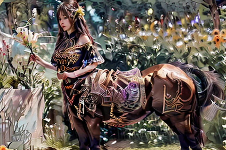 a cute yuna, centaur, wearing a sheer colorful tribal drape on her torso, she is inspecting flowers in a lavish flower garden, pure bliss, alluring