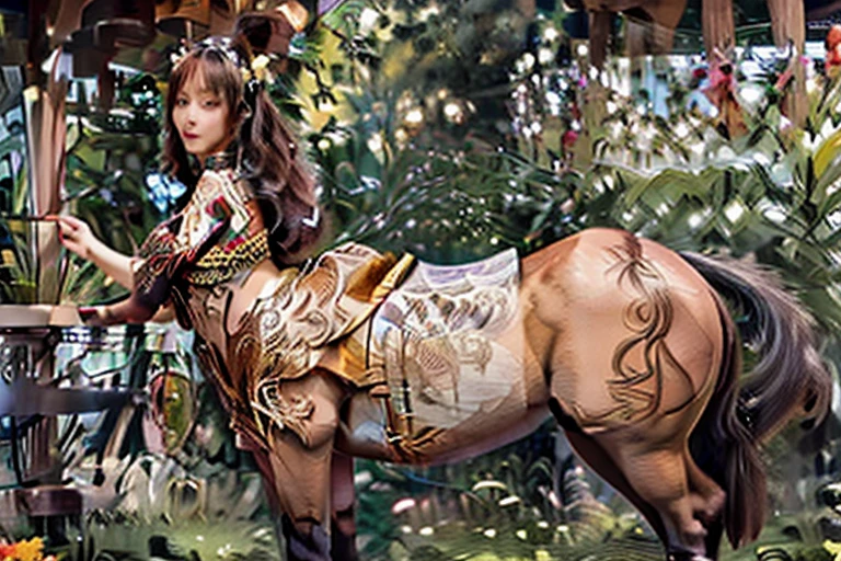 a cute yuna, centaur, wearing a sheer colorful tribal drape on her torso, she is inspecting flowers in a lavish flower garden, pure bliss, alluring