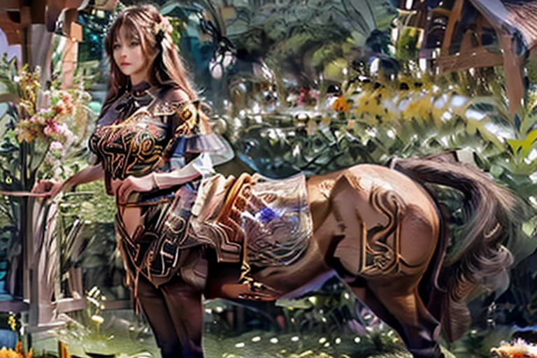 a cute yuna, centaur, wearing a sheer colorful tribal drape on her torso, she is inspecting flowers in a lavish flower garden, pure bliss, alluring