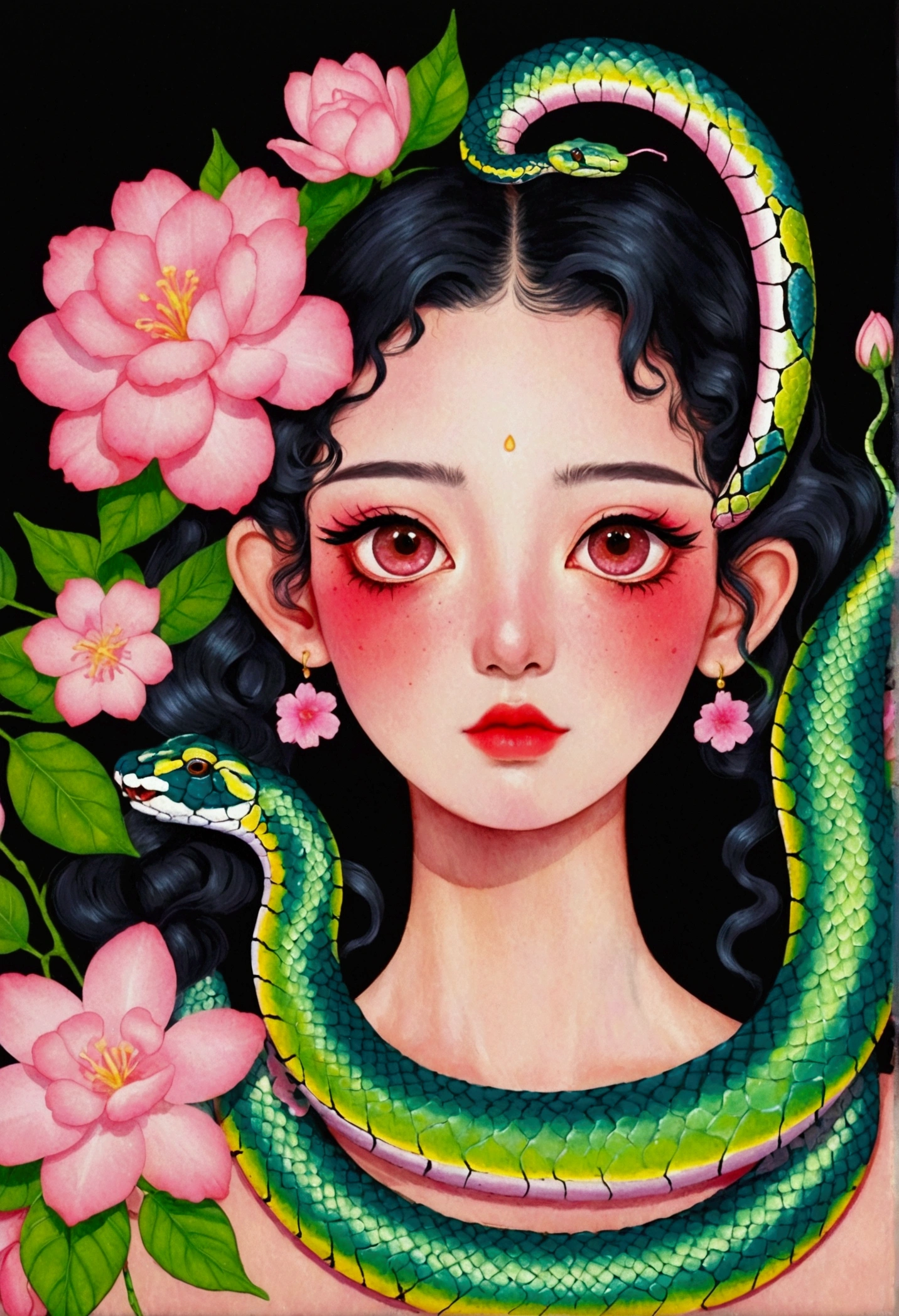 A beautiful girl，A painting with a pink flower on the head,  Snake Face Woman, Ms. Entropy, 