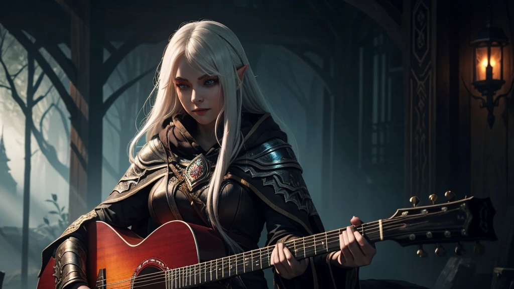 Sylvanas Windrunner, the legendary leader of the Forsaken, sits on a dark wooden throne, surrounded by an aura of mystery and magic. In her hands, she holds a vibrant red guitar, its strings seemingly pulsing with unearthly energy. Her eyes, burning with an otherworldly intensity, stare directly at the viewer, as if daring them to come closer. Her long, white hair falls over her shoulders, framing her pale, ethereal face. Her lips, painted a deep red, curve in an enigmatic smile, as if guarding secrets known only to her. The guitar, which appears to have been created by magical hands, emits an intense red light that illuminates the environment around it. The strings vibrate with an energy that seems almost palpable, as if they are alive and responding to Sylvanas’ touch. In the background, a dark and mysterious mist spreads, as if the night itself is closing in around Sylvanas. The atmosphere is charged with tension and anticipation, as if something is about to happen.

The image is a mix of shadows and light, of mystery and magic, capturing the essence of Sylvanas Windrunner as an enigmatic and powerful creature.
