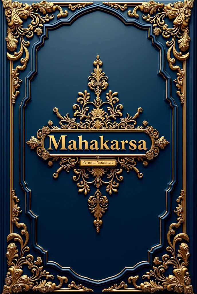 wallpaper with royal carvings, dark blue combined with gold, at the middle entitled MAHAKARSA, subtitle Permata Nusantara, and at the bottom of walpaper written MARTHA
