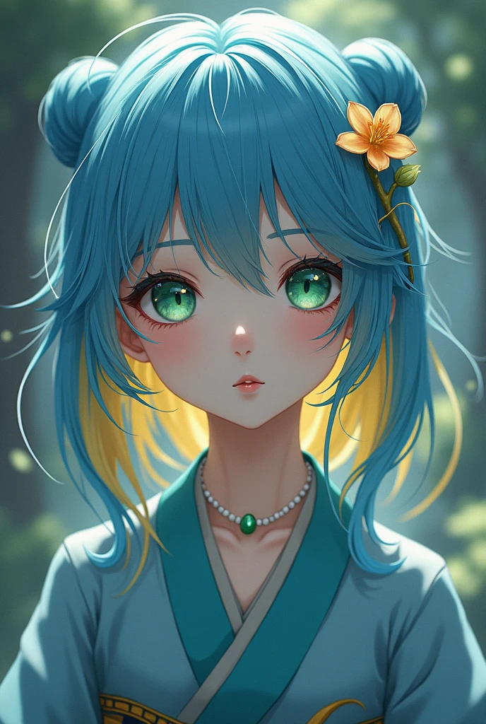 Hair: blue-yellow  
eyes: emerald 
accessories (hair): flower clip
Costume: Blue kimono  
accessory(hand): pearl necklace  
Gender: female 
Age: 13 
special sign: flower on neck 