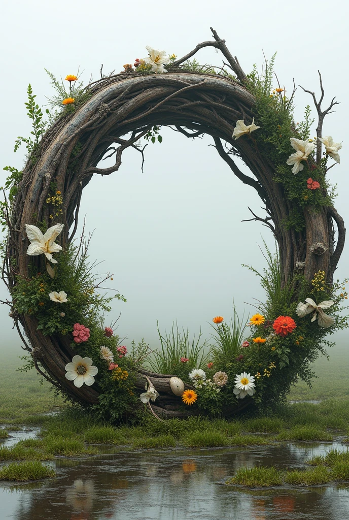 With flowers,Bone,Grass,Dead Branches,The ring composed。{The focus of the composition is on the outside of the ring:1.4},{There is a large blank space in the middle of the ring:1.4}