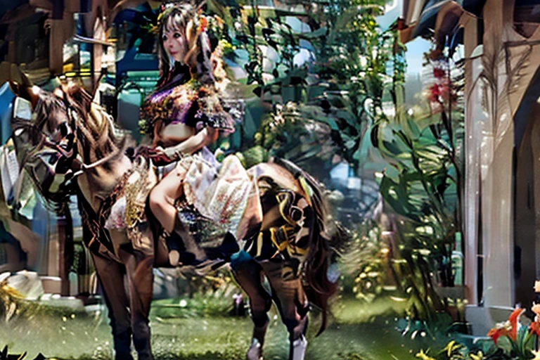 a cute yuna, centaur, wearing a sheer colorful tribal drape on her torso, she is inspecting flowers in a lavish flower garden, pure bliss, alluring