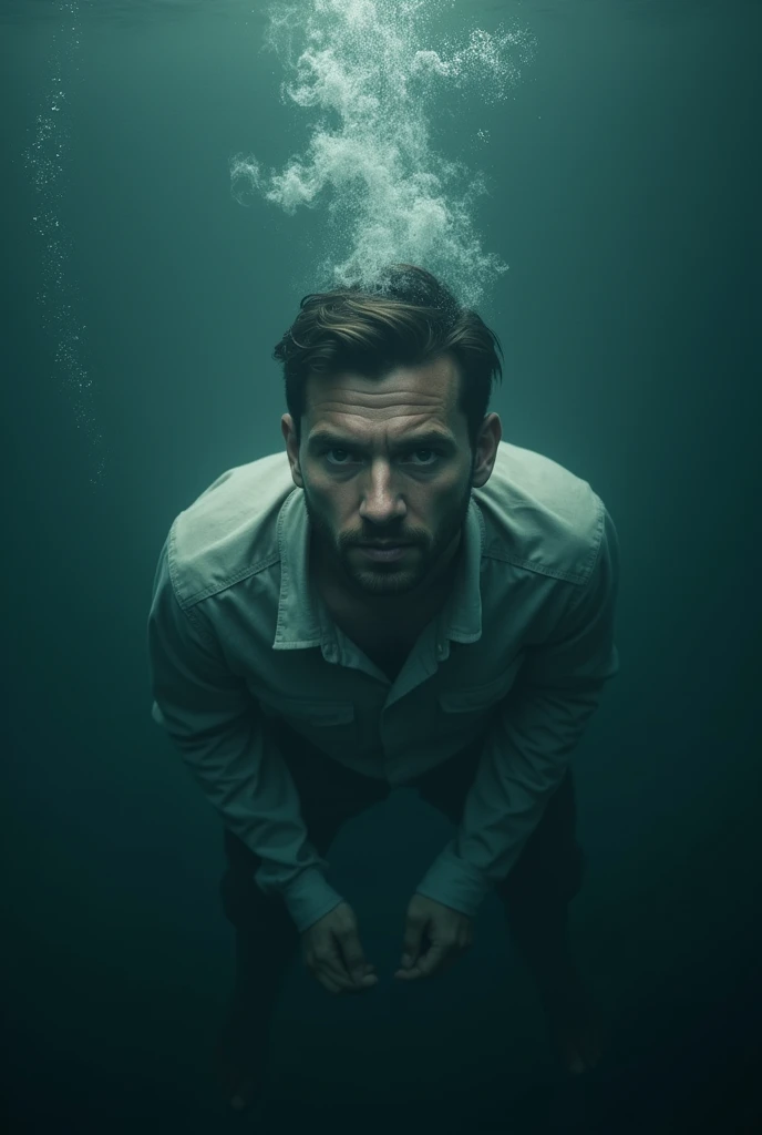 Top view. Man underwater looking at viewer! [(Suspended in the air between scene and the viewer, a translucent, almost ghostly black message reads exactly: "I can't breathe!". The text appears as if it's floating, blurred at the edges, with the letters formed from a faint mist or dark black smoke that lingers in the space. The smoky words are readable, though not overly bright, hovering just in front of his gaze, creating a surreal yet powerful effect. Text exactly says: "I can't breathe!". The text says: "I can't breathe!". semi-transparent text that reads 'I can't breathe!' in a dramatic, bold font. The text almost acts as a title, floating in the air, partially obscuring the scene but enhancing the overall tension and urgency of the moment)]