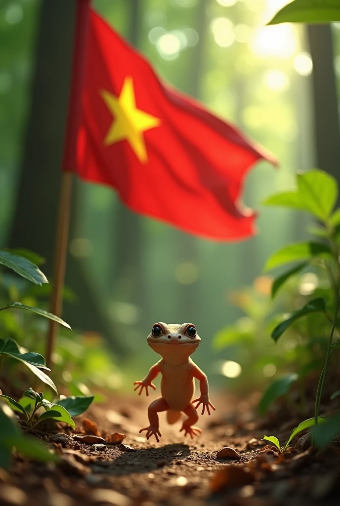 Photo of injured gecko running to salute Vietnam&#39;s national day flag in the forest