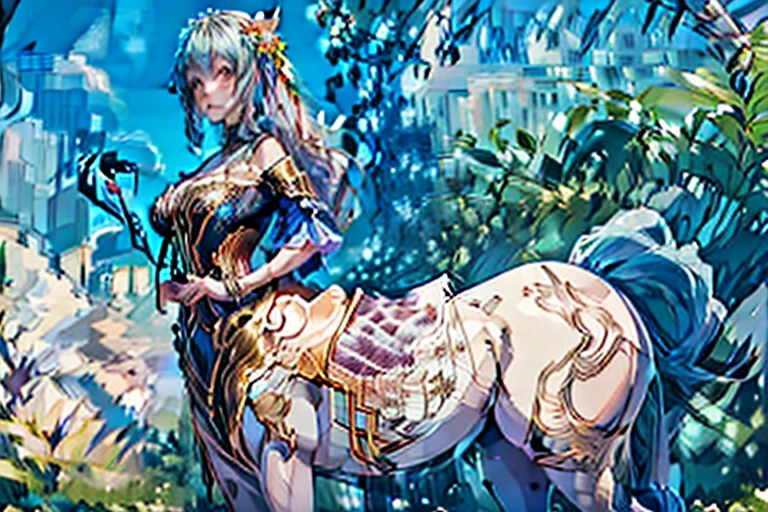 a cute yuna, centaur, wearing a sheer colorful tribal drape on her torso, she is inspecting flowers in a lavish flower garden, pure bliss, alluring
