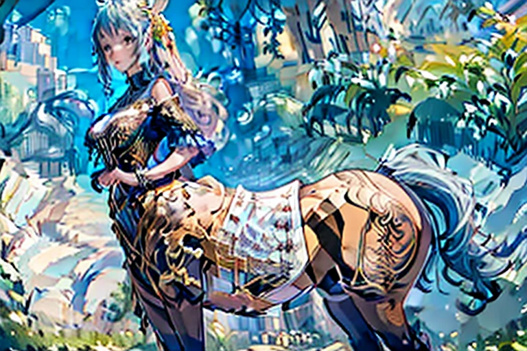 a cute yuna, centaur, wearing a sheer colorful tribal drape on her torso, she is inspecting flowers in a lavish flower garden, pure bliss, alluring
