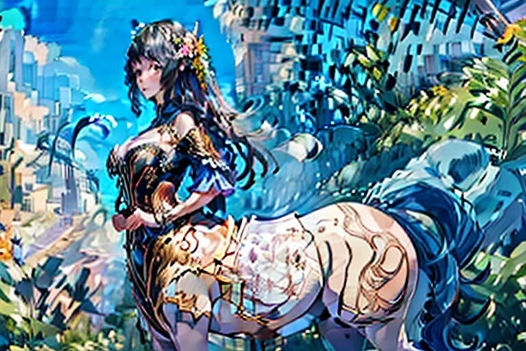 a cute yuna, centaur, wearing a sheer colorful tribal drape on her torso, she is inspecting flowers in a lavish flower garden, pure bliss, alluring
