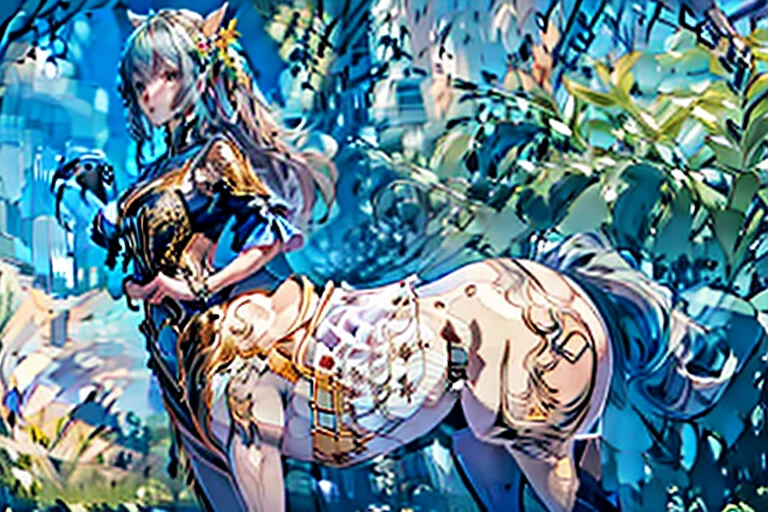 a cute yuna, centaur, wearing a sheer colorful tribal drape on her torso, she is inspecting flowers in a lavish flower garden, pure bliss, alluring
