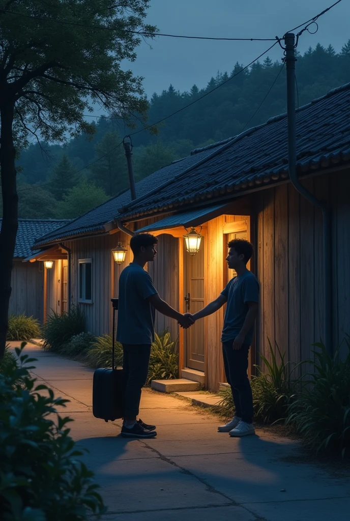 From a bit higher Two young men not wearing night bags quietly meet shaking hands in front of a village house ,a wooden house with dim lighting, there is a guitar hut near his house and there is a jasmine tree near the house of one of the young men