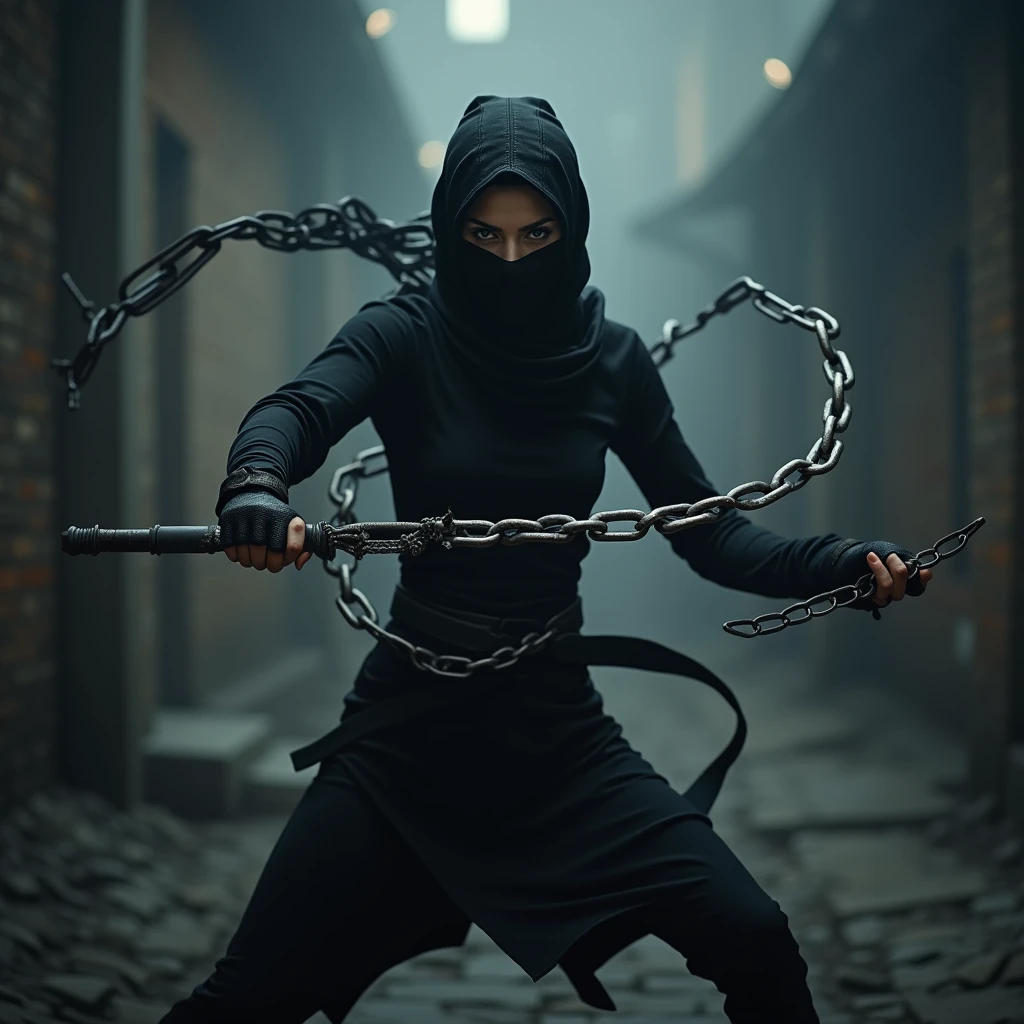 woman ninja in dark atmosphere, chains flying from all directions, chains as the main weapon, random chain movements, chains flying towards the viewer, strong depth of field