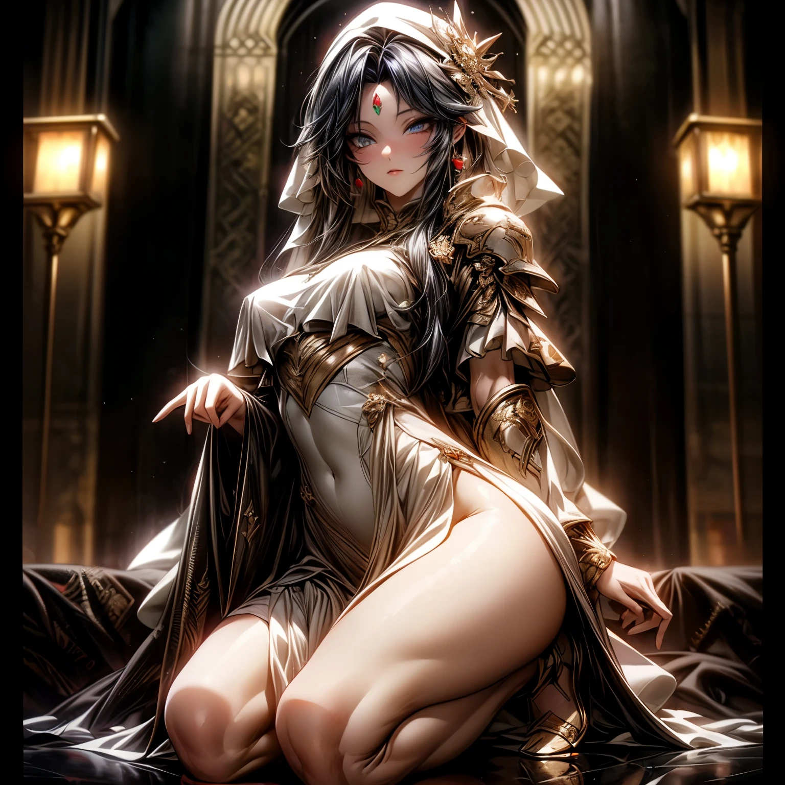 (best quality)), ((Masterpiece)), (details:1.4), 3d, HDR (high dynamic range), an image of a beautiful cyberpunk female, Fantasy, Black hair, Long hair, Full body, Beautiful white eyes, จมูกโด่ง, ปากแดง, หน้าอกใหญ่, nvidia RTX, PBR surface, After processing, Anisotropic filtration,depth of field, Maximum clarity and clarity, multi-layered surface, Subsurface scattering, perfect proportions, 8K raw files, ultra detailed, Perfect proportions, volumetric lighting, soft lighting, Holy Knight, Heavy Silver Armor, Golden dress, glossy skin, intricate Golden embroidery, Throne background, jewely, ต่างหู, นิ้วมือสมบูรณ์,