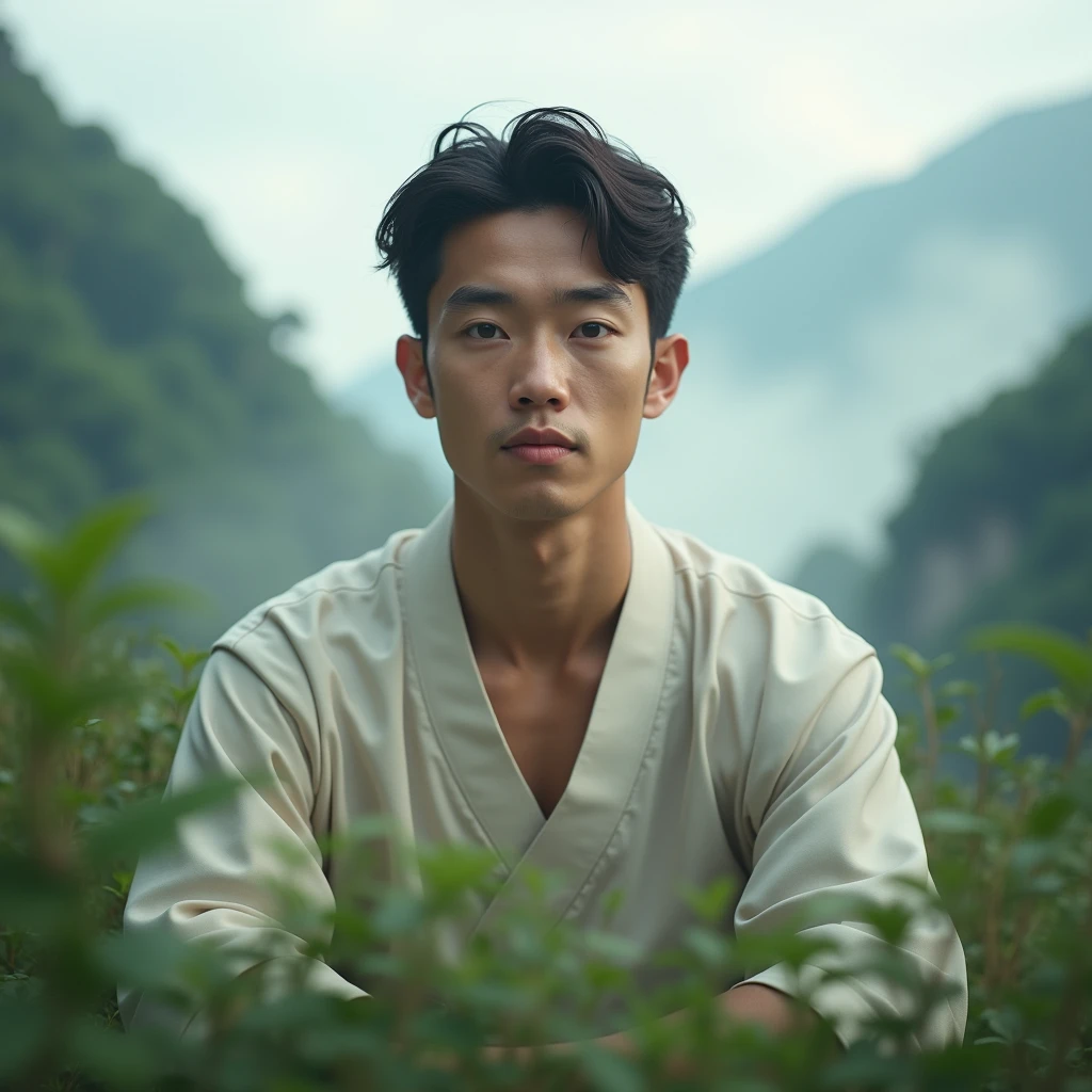 An Asian man,Young handsome,Facing the camera,A peaceful and calm smile。 A Zen-like and peaceful practice,In the green mountains and green world,Light mist surrounds