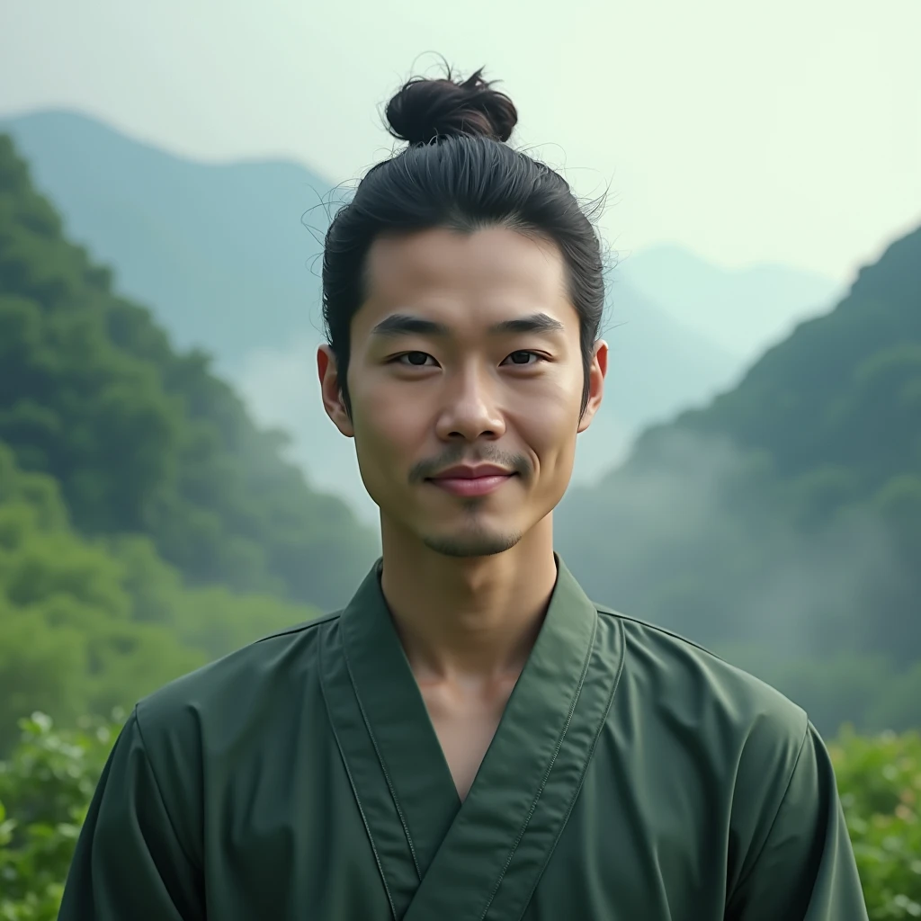 An Asian man,Young handsome,Facing the camera,A peaceful and calm smile。 A Zen-like and peaceful practice,In the green mountains and green world,Light mist surrounds
