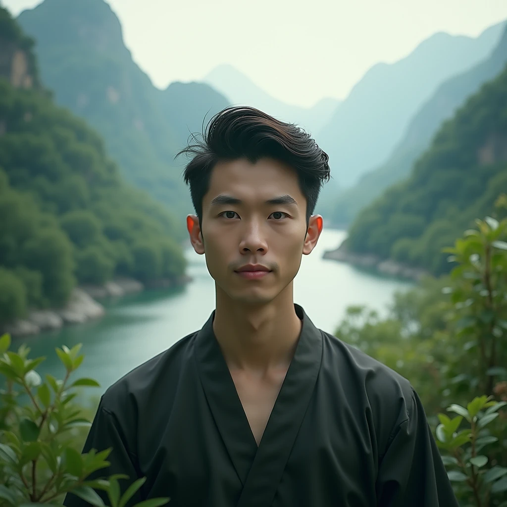 An Asian man,Young handsome,Facing the camera,A peaceful and calm smile。 A Zen-like and peaceful practice,In the green mountains and green world,Light mist surrounds