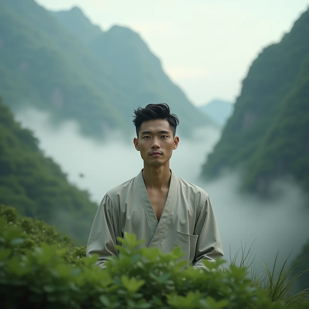 An Asian man,Young handsome,Facing the camera,A peaceful and calm smile。 A Zen-like and peaceful practice,In the green mountains and green world,Light mist surrounds