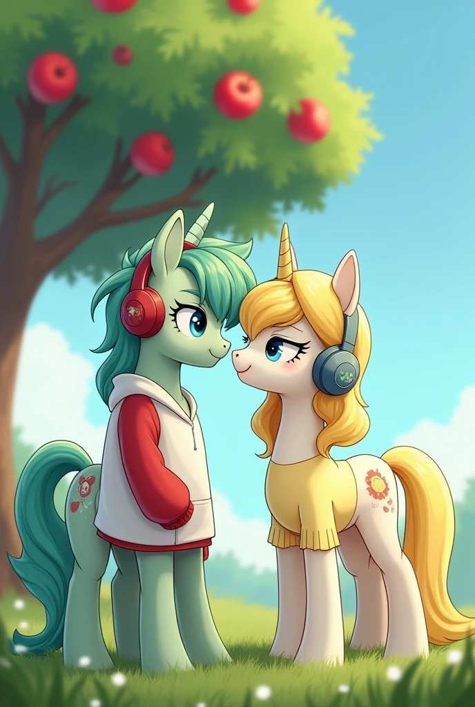 Male Alicorn Pony Mint Green Coat Skin Type with White Freckles,light green hair with blue streaks and blue eyes; white sweatshirt with red sleeves,red gamer headphones; music note cutemark. Winged a female alicorn pony with yellow hair and a yellow tail,White fur,big yellow bow on the nape of the neck,yellow helmets,light blue eyes; dress with short yellow skirt. Lovers in a field in front of an apple tree. 2D anime style image