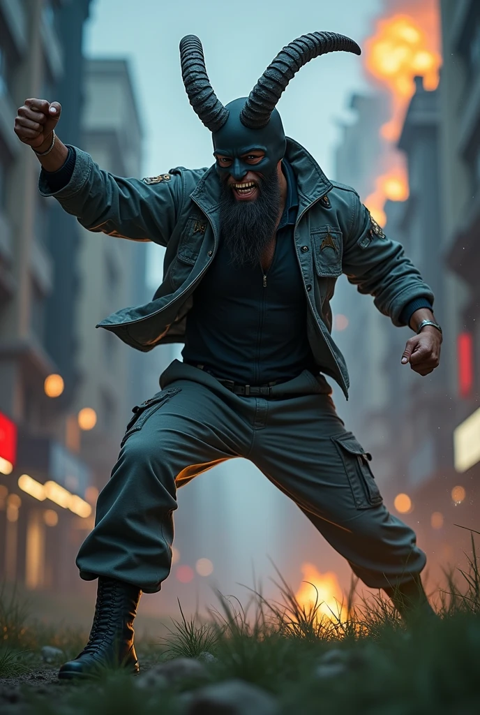 Man wear domino mask grey spandex latex cargo jumpsuit. Hero. Good guys. Skinny body. Background city. Bombing background. Very epic kicking wall one leg . Jumping pose . Fighting pose. Muay Thai posing. Wear goat helmet. Long beard . Big teeth. Grass everywhere. Bombing background. Night scene. Very epic. Marvel. Wear cargo pant. Loose pant. Wear bullet proof jacket