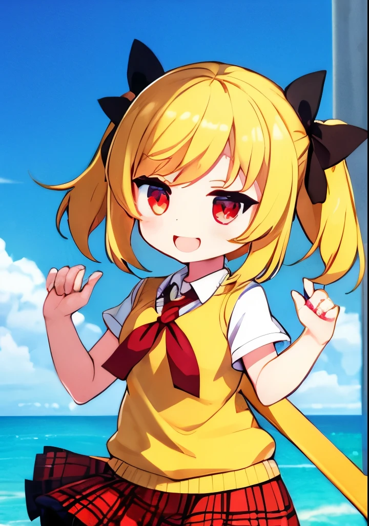 One Girl, Green Skirt, Plaid, Checked Skirt, Southwest High School Uniform, Uniform, Skirt, Sweater Vest, (Yellow Sweater: 1. 3), Short Sleeves, Cartoon Character, Curvy, Cute Face, Full Smile, Strong Eyes, Lots of Eyes, Tender Loving Face, Bright Expression, Twin-tailed Blonde Hair,. red ribbon, wearing red ribbon, clown costume, wearing clown costume, open hand, face in focus, front view, red eyes, two hands, five fingers, no shadow on background, high quality