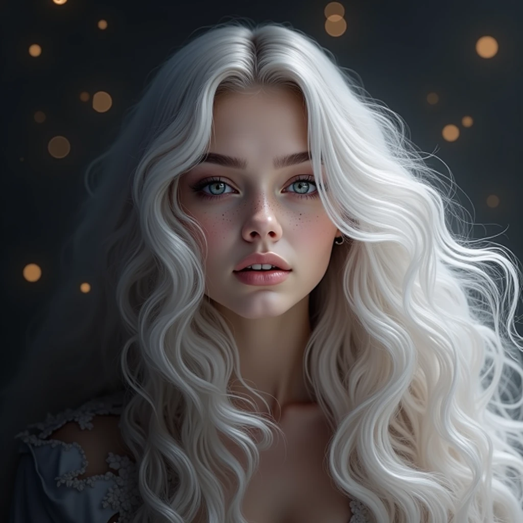 blond woman with long white hair posing for a picture, curly white hair, white curly hair, white beautiful hair, girl with white hair, perfect white haired girl, white cloud hair, silver curly hair, girl silver hair, white hair, white haired, long wavy white hair, flowing white hair, tanned freckled skin, alluring European facial features, wavy white long hair, white long hair, intense white hair, bright diffuse lighting on hair, bokeh background, white colored brows and eye lashes, one facial feature slurs into the next, firm and milky lips, silky iridescent hair, softer younger facial features, less ridges, teen girl,