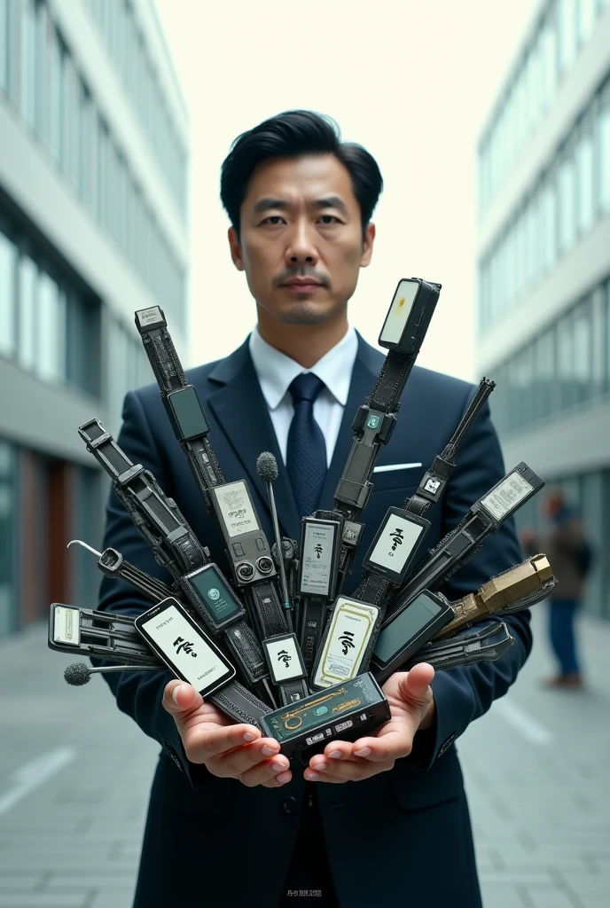 Man with yen hands full of gadgets