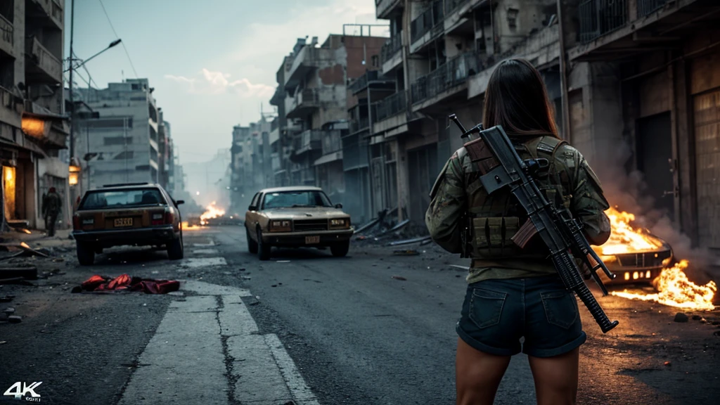 beautiful detailed girl, 1girl, ak47, big ass, shorts, back pose photo, enemies with guns, long hair, city, cars, bomb blasts, white skin tone, (best quality,4k,8k,highres,masterpiece:1.2),ultra-detailed,(realistic,photorealistic,photo-realistic:1.37),concept art,cinematic lighting,dramatic lighting,vivid colors,cinematic,action scene,war,military,post-apocalyptic,dystopian