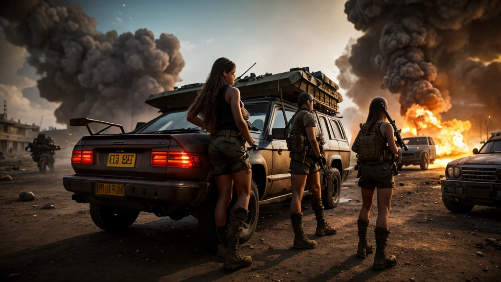 beautiful detailed girl, 1girl, ak47, big ass, shorts, back pose photo, enemies with guns, long hair, city, cars, bomb blasts, white skin tone, (best quality,4k,8k,highres,masterpiece:1.2),ultra-detailed,(realistic,photorealistic,photo-realistic:1.37),concept art,cinematic lighting,dramatic lighting,vivid colors,cinematic,action scene,war,military,post-apocalyptic,dystopian