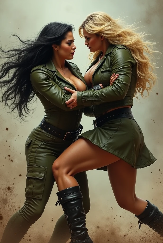 2 women fighting, catfight, (sexy thicc stunning busty voluptuous Denise Milani with jet-black hair) fighting in a violent catfight against a (tall toned busty mature blonde Erika Eleniak) in a catfight. Both women are wearing olive green leather army shirts and olive green leather knee-length a-line business skirts, stockings and stiletto-heeled shoes, massive breasts, boxing gloves, breast punch, angry, clothes ripping, breast punching, punching breasts, aggressive, violent, vicious, blood, bruises. ((The stronger blonde Erika Eleniak is punching Denise Milani in the breasts)). The two women hate each other.