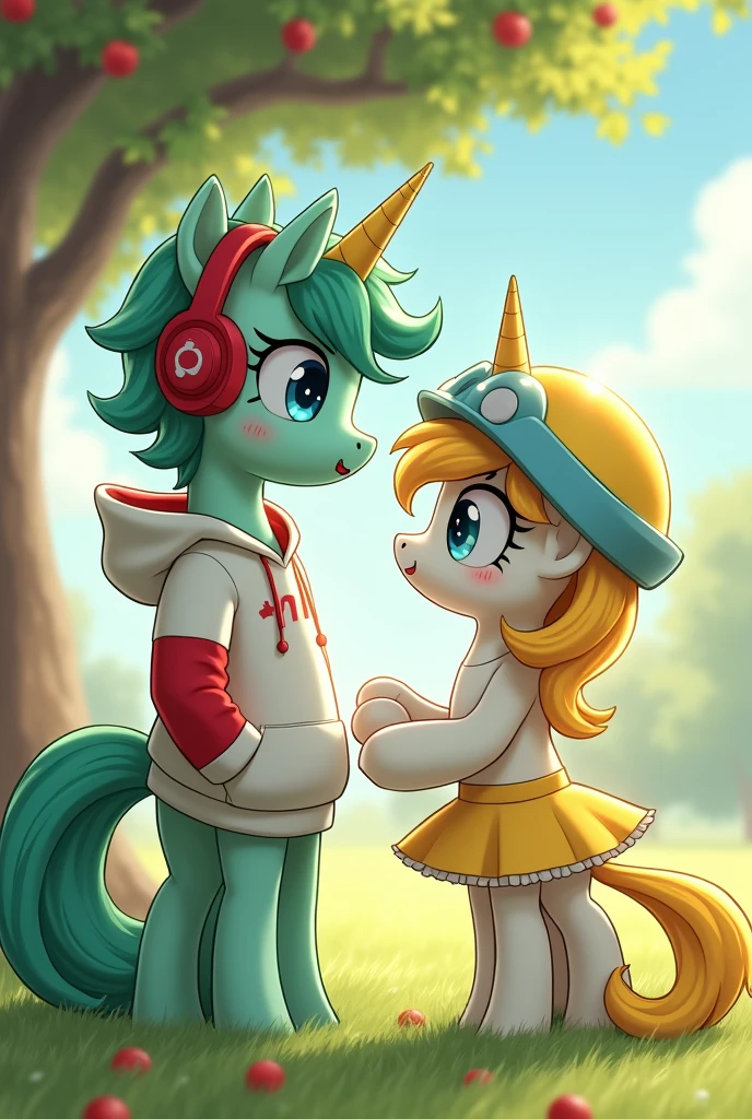 Male Alicorn Pony Mint Green Coat Skin Type with White Freckles,light green hair with blue streaks and blue eyes; white sweatshirt with red sleeves,red gamer headphones; music note cutemark. Winged a female alicorn pony with yellow hair and a yellow tail,White fur,big yellow bow on the nape of the neck,yellow helmets,light blue eyes; dress with short yellow skirt. Lovers in a field in front of an apple tree. 2D anime style image
