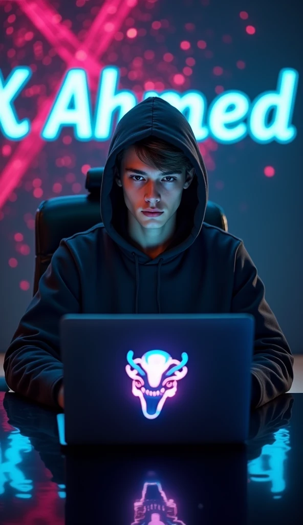 A 8K detailed portrait ultra HD qulaity very cute and handsome hacker wearing a hoodie sat on a black and shinning chair. He had a laptop on a black table Infront of him with "TAURUS SIGN" LOGO design with ice and vibrant colors. At his background are "DX AHMED" design on the wall with vibrant and beautiful colors
