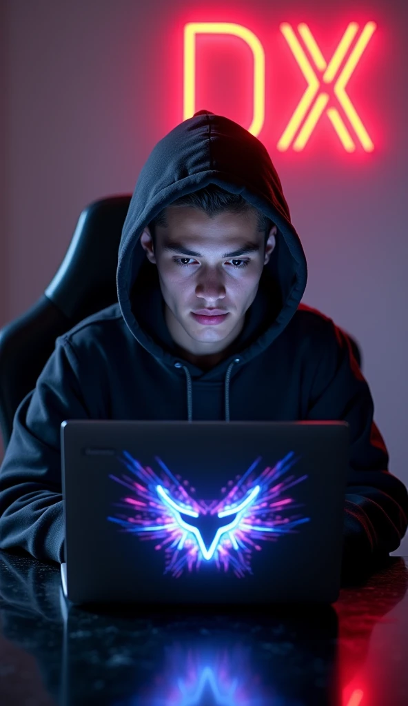 A 8K detailed portrait ultra HD qulaity very cute and handsome hacker wearing a hoodie sat on a black and shinning chair. He had a laptop on a black table Infront of him with "TAURUS SIGN" LOGO design with ice and vibrant colors. At his background are "DX AHMED" design on the wall with vibrant and beautiful colors