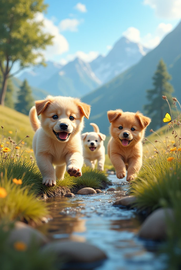 Cute puppies running in a beautiful landscape 