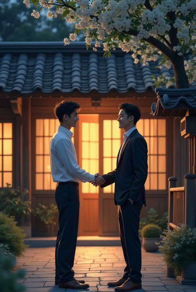From a bit higher Two young men don't wear night bags quietly meet shaking hands in front of a village house ,a wooden house with dim lighting, there is a guitar hut near his house and there is a jasmine tree near the house of one of the young men