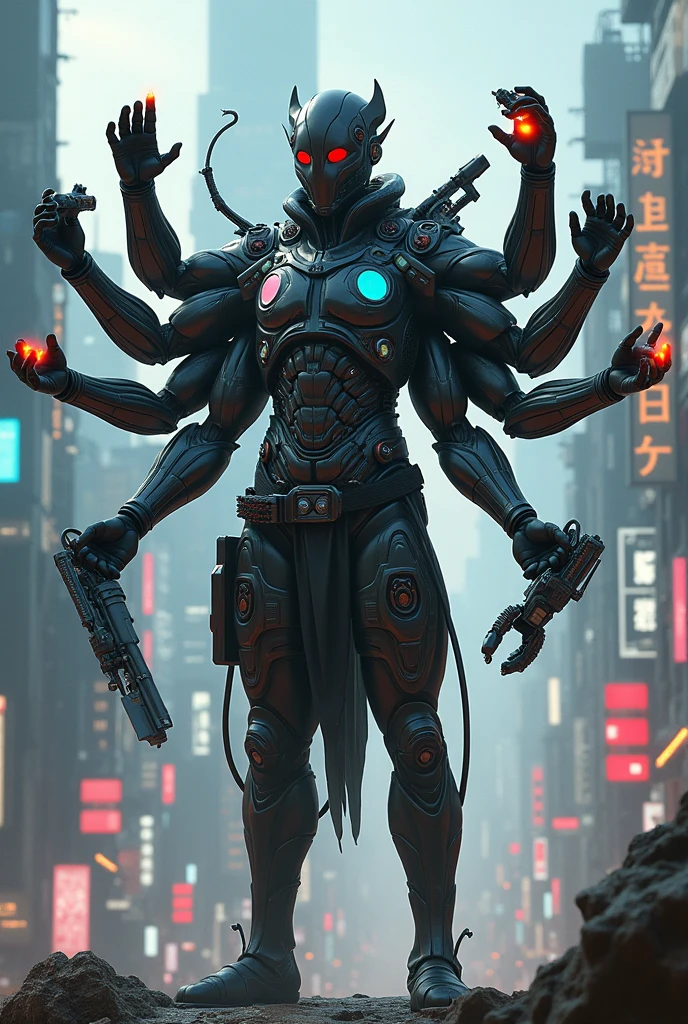 Man with ten hands full of gadgets