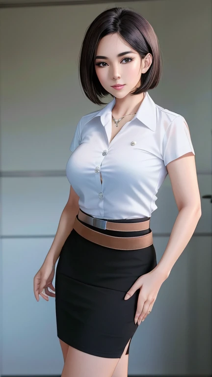 Pretty thai woman short hair  , (8k, best quality, masterpiece, ultra highres:1.2) Photo of Pretty thai woman beautiful, beautiful enchanting fashion contemporary painting with , (1girl), (white shirt short sleeves), ((black pencil skirt)), belt , realistic skin texture , round chin, 85 mm art lens, f 1. 2, sharp focus, 8 k high definition, insanely detailed, intricate, elegant , big breasts , black skirt 